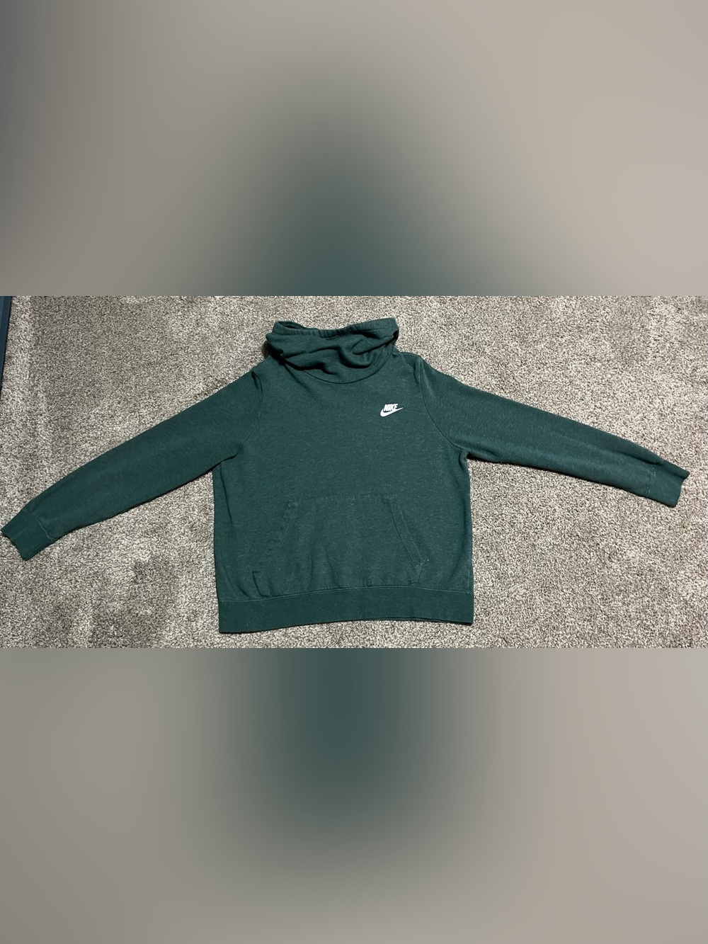 dark green Nike heathered hoodie with a cowl neck and front pocket